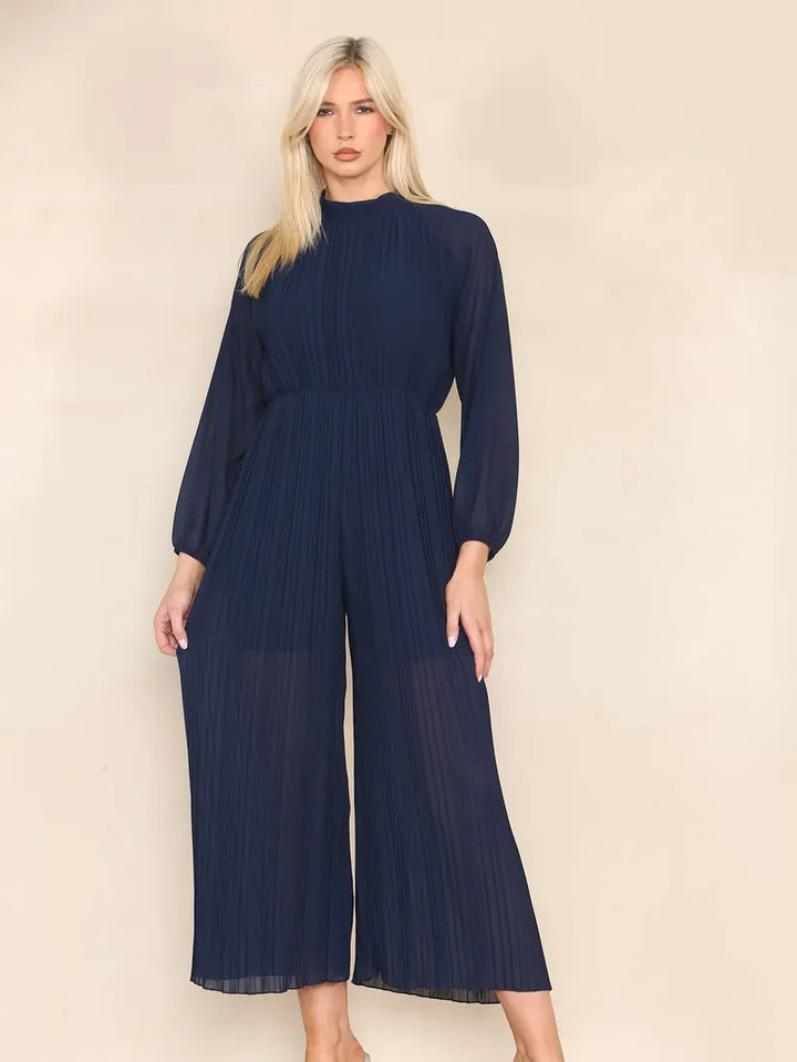 High Neck Pleated Jumpsuit with Open Bow Back - jqwholesale.com