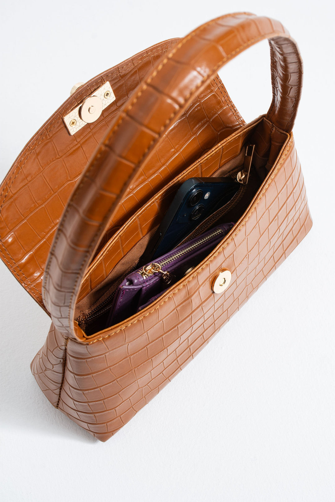 Croc Pu Flap Shoulder Bag - Tan