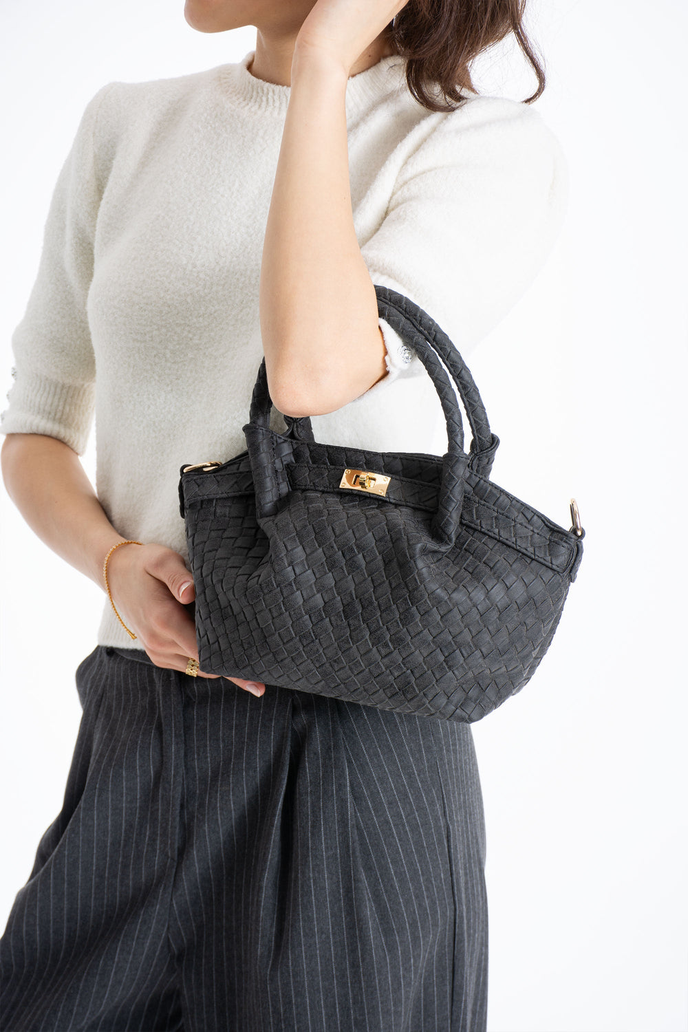 Woven Suede Top Handle Crossbody Bag with Twist Lock Detail - Black