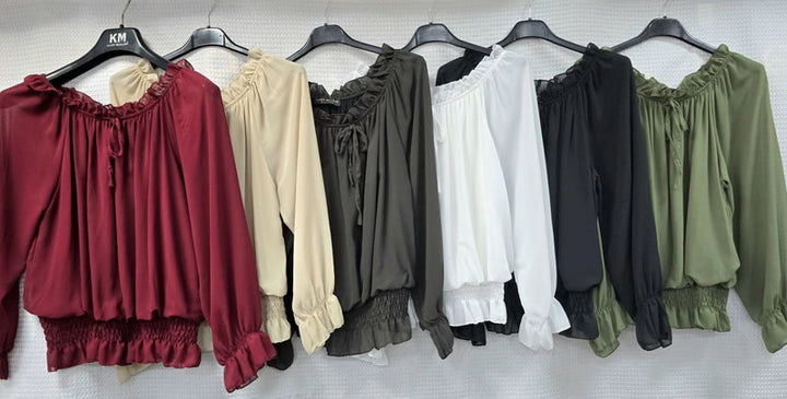 Plain Ruffle Bardot Blouse - jqwholesale.com