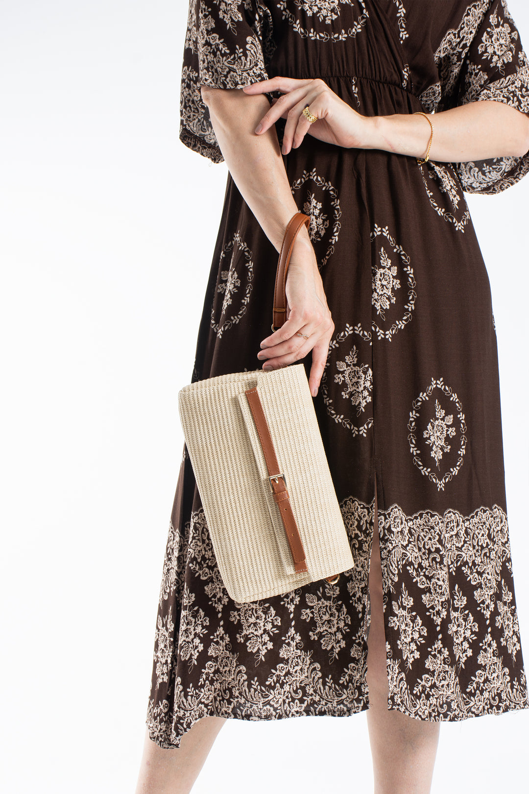 Woven Pu Leather Flap Closure Wristlet & Clutch&Crossbody  3-in-1 - Cream