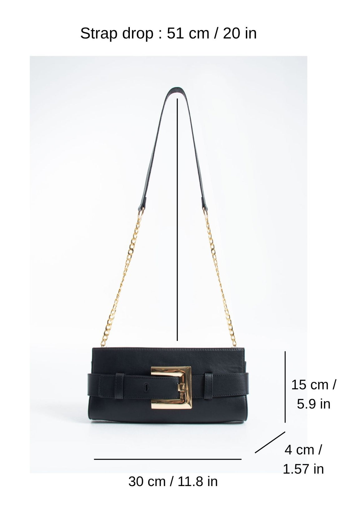 PU Leather Shoulder & Clutch Bag with Large Gold Buckle - Black