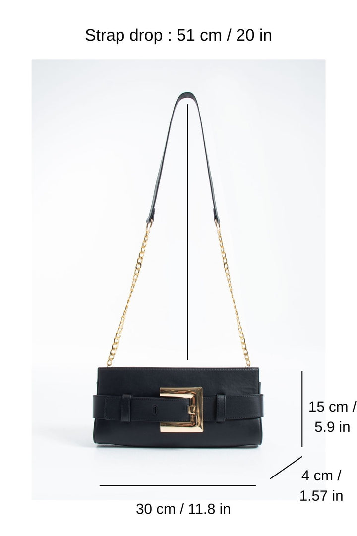 PU Leather Shoulder & Clutch Bag with Large Gold Buckle - Black