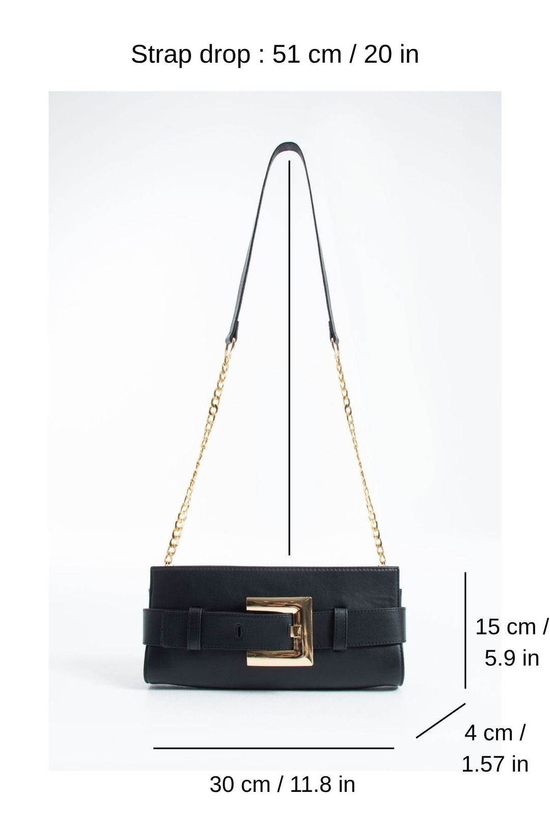 PU Leather Shoulder & Clutch Bag with Large Gold Buckle - Black