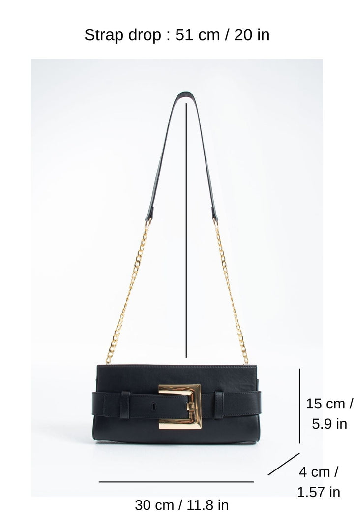 PU Leather Shoulder & Clutch Bag with Large Gold Buckle - Black