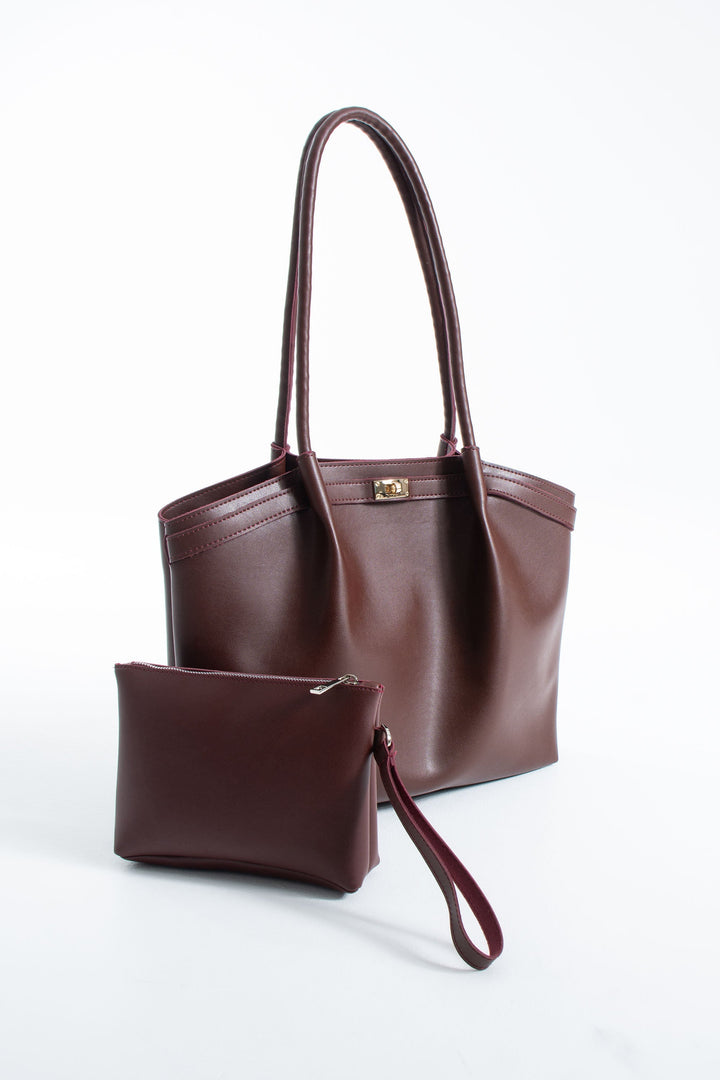 Large PU Leather Shopper Tote Bag with Matching Pouch - Burgundy