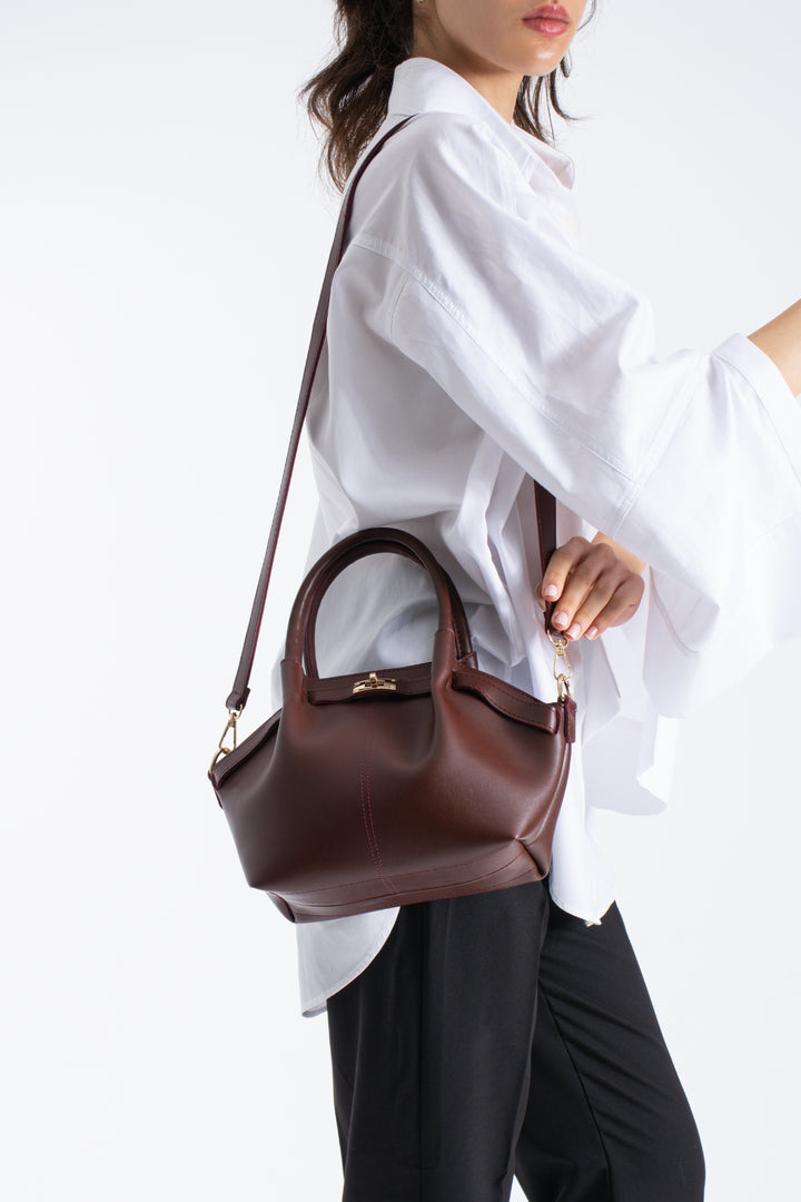 Pu Leather Top Handle Crossbody Bag with Twist Lock Detail - Burgundy