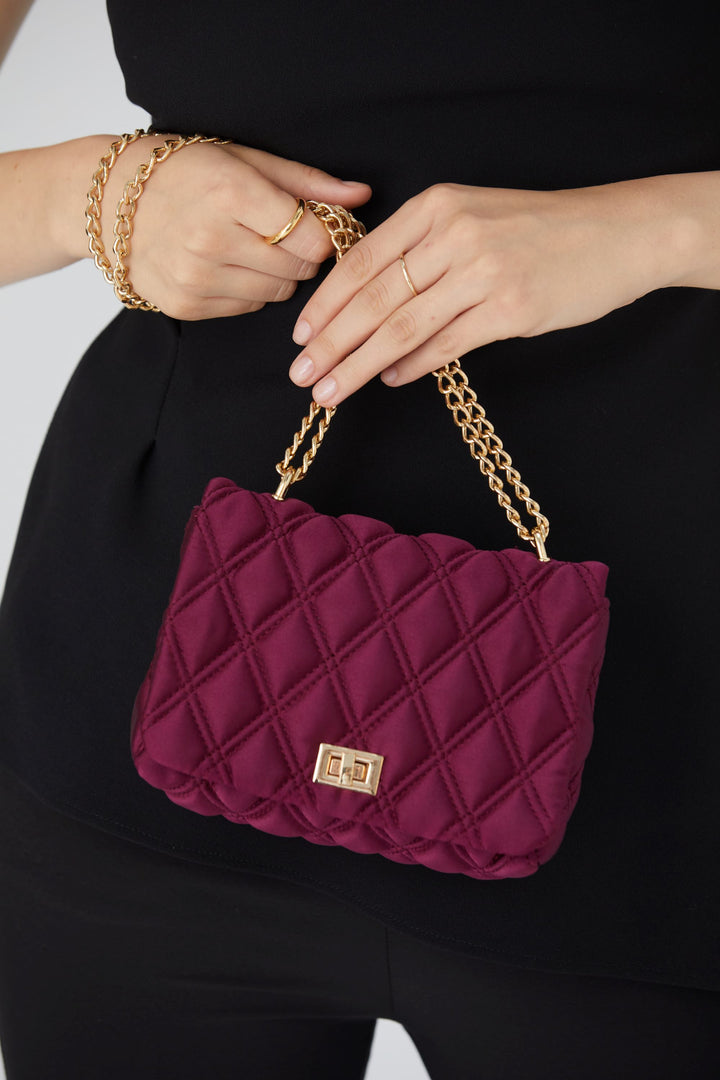 Quilted Satin Mini Crossbody & Shoulder Bag - Burgundy