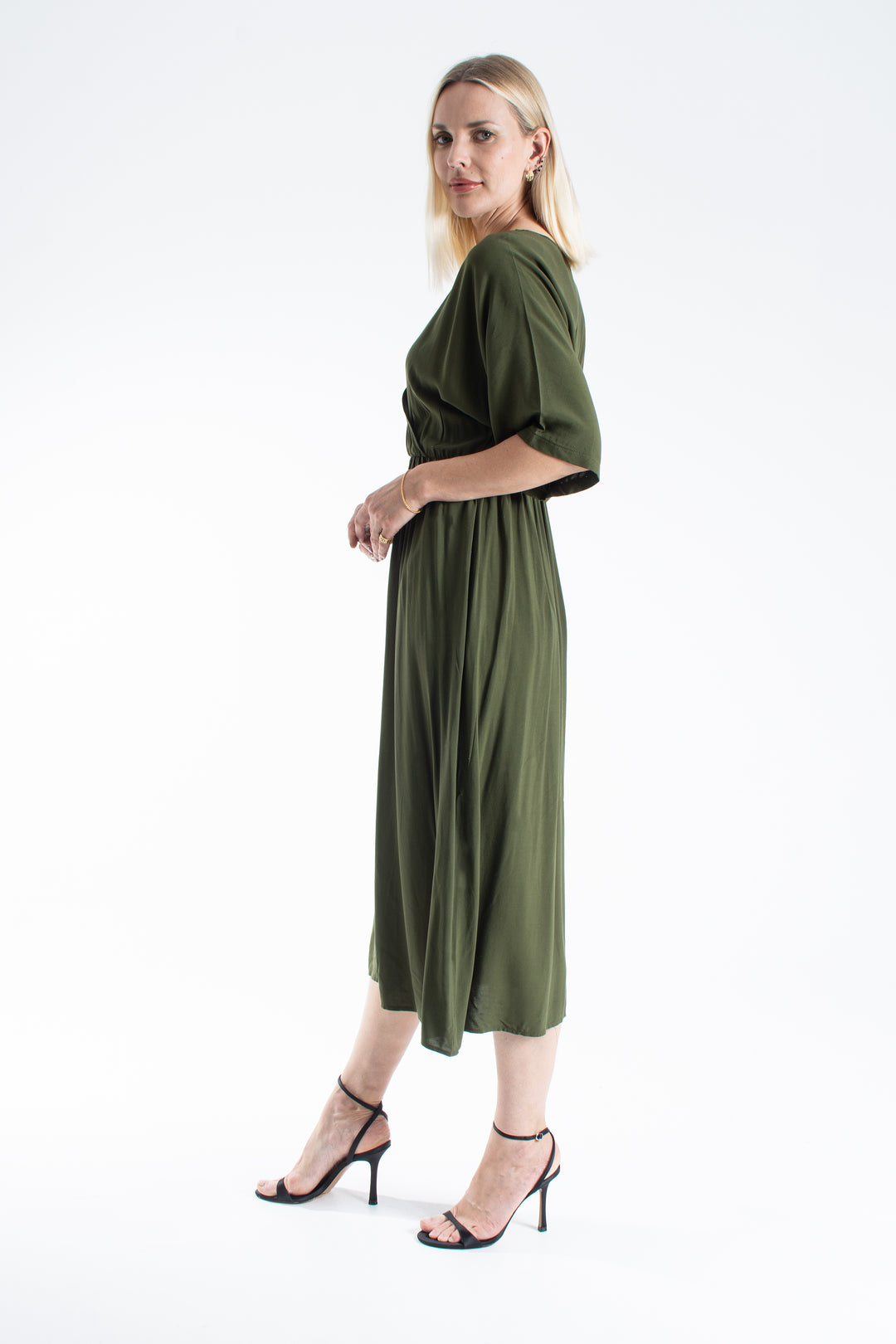 Womens Viscose V Neck Short Sleeve Midi Dress - Khaki