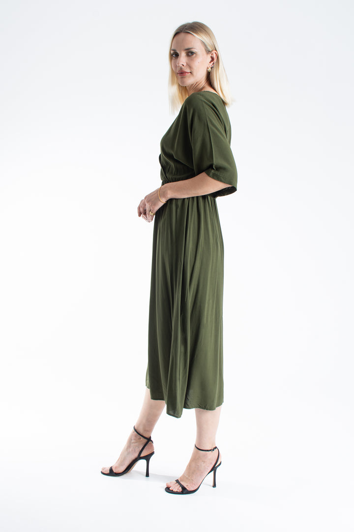 Womens Viscose V Neck Short Sleeve Midi Dress - Black