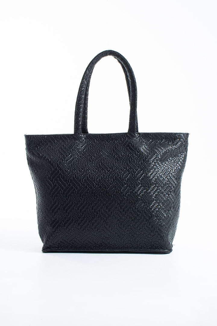 Woven Pu Leather Tote Bag with Matching Zipper Pouch 2PCS Set - Black