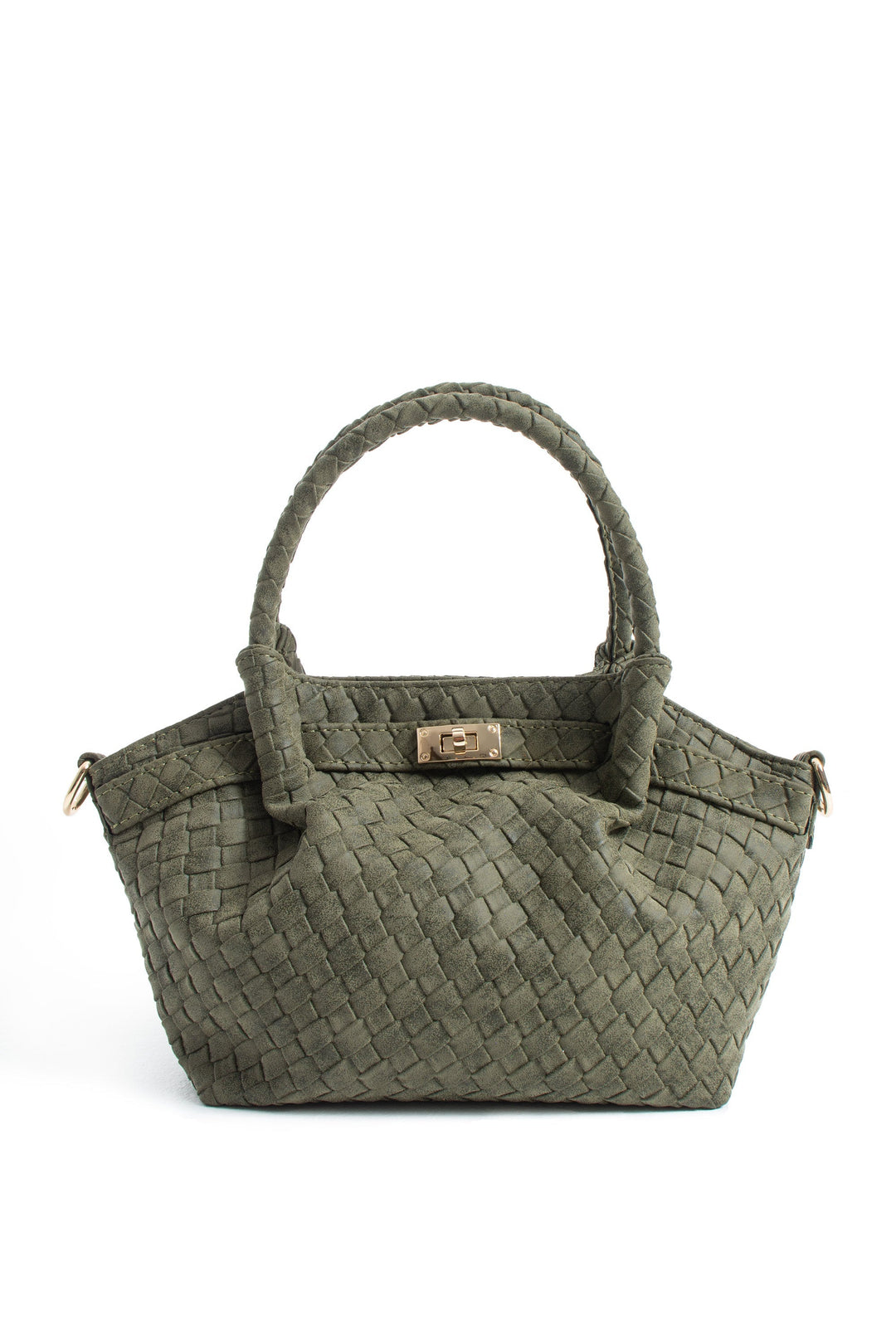 Woven Suede Top Handle Crossbody Bag with Twist Lock Detail - Khaki