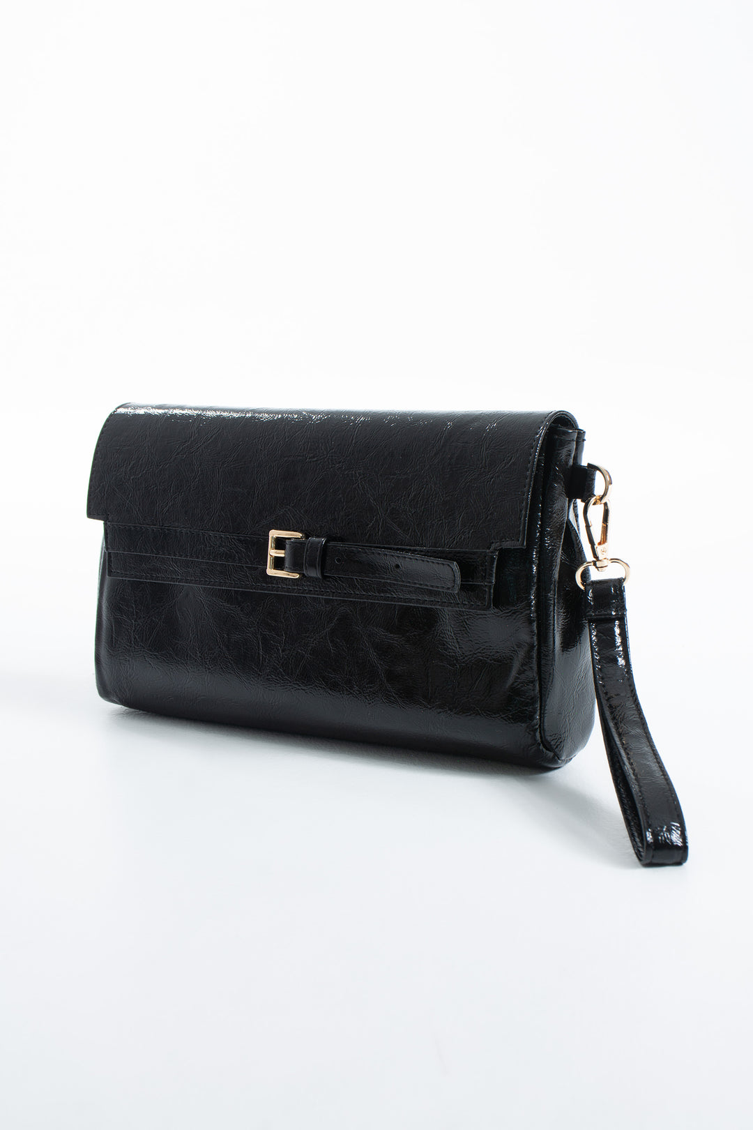 Crinkle Patent Flap Closure Wristlet & Clutc&Crossbody  3-in-1 Handbag - Black