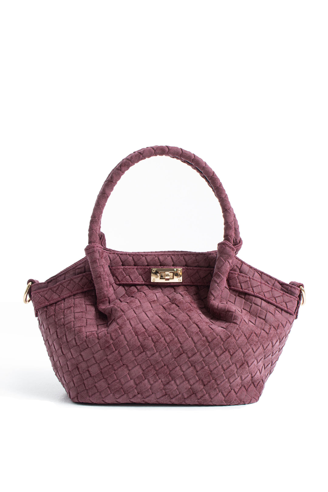 Woven Suede Top Handle Crossbody Bag with Twist Lock Detail - Burgundy