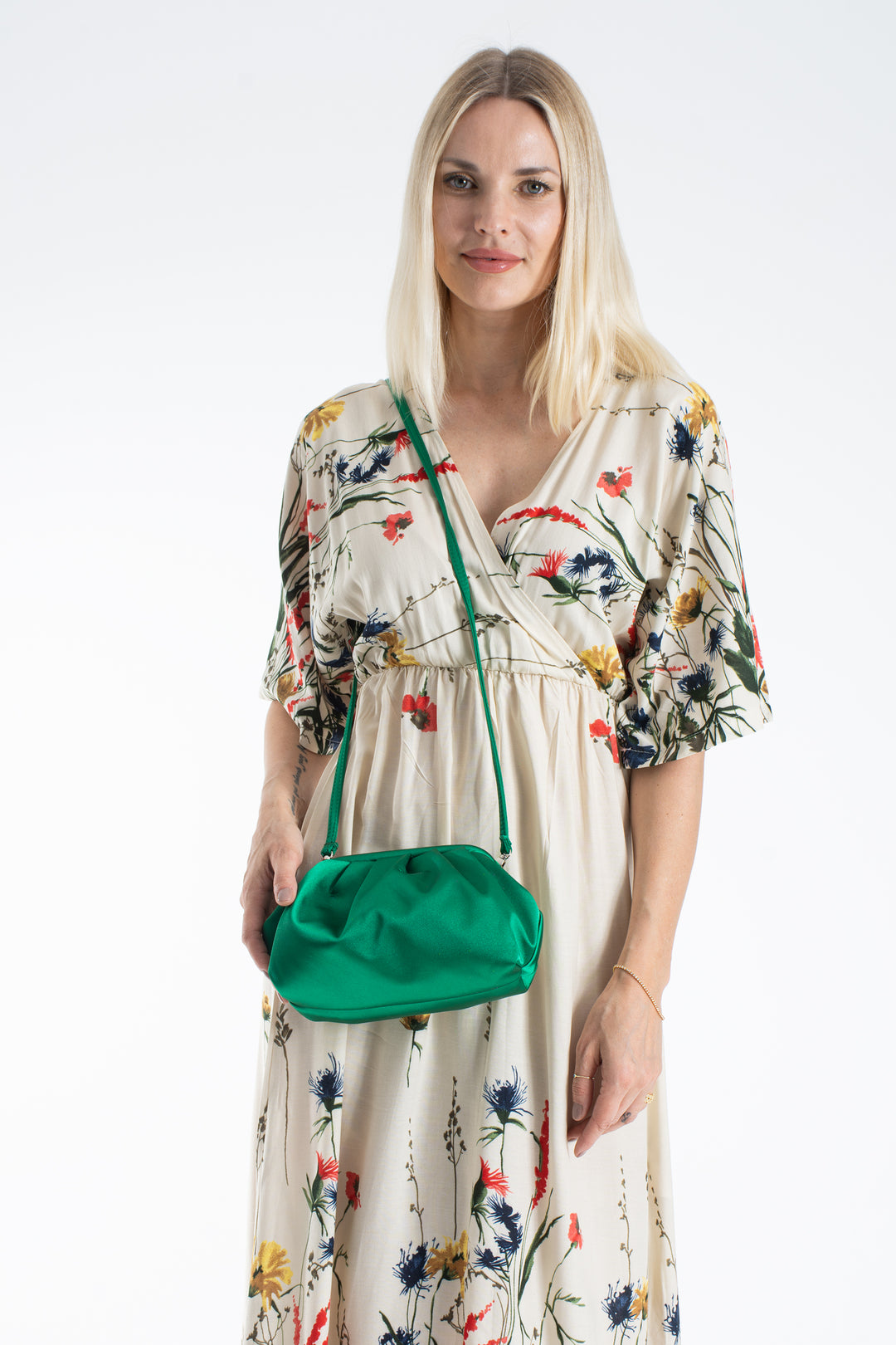 Satin Pouch Bag With Detachable Crossbody Strap - Green