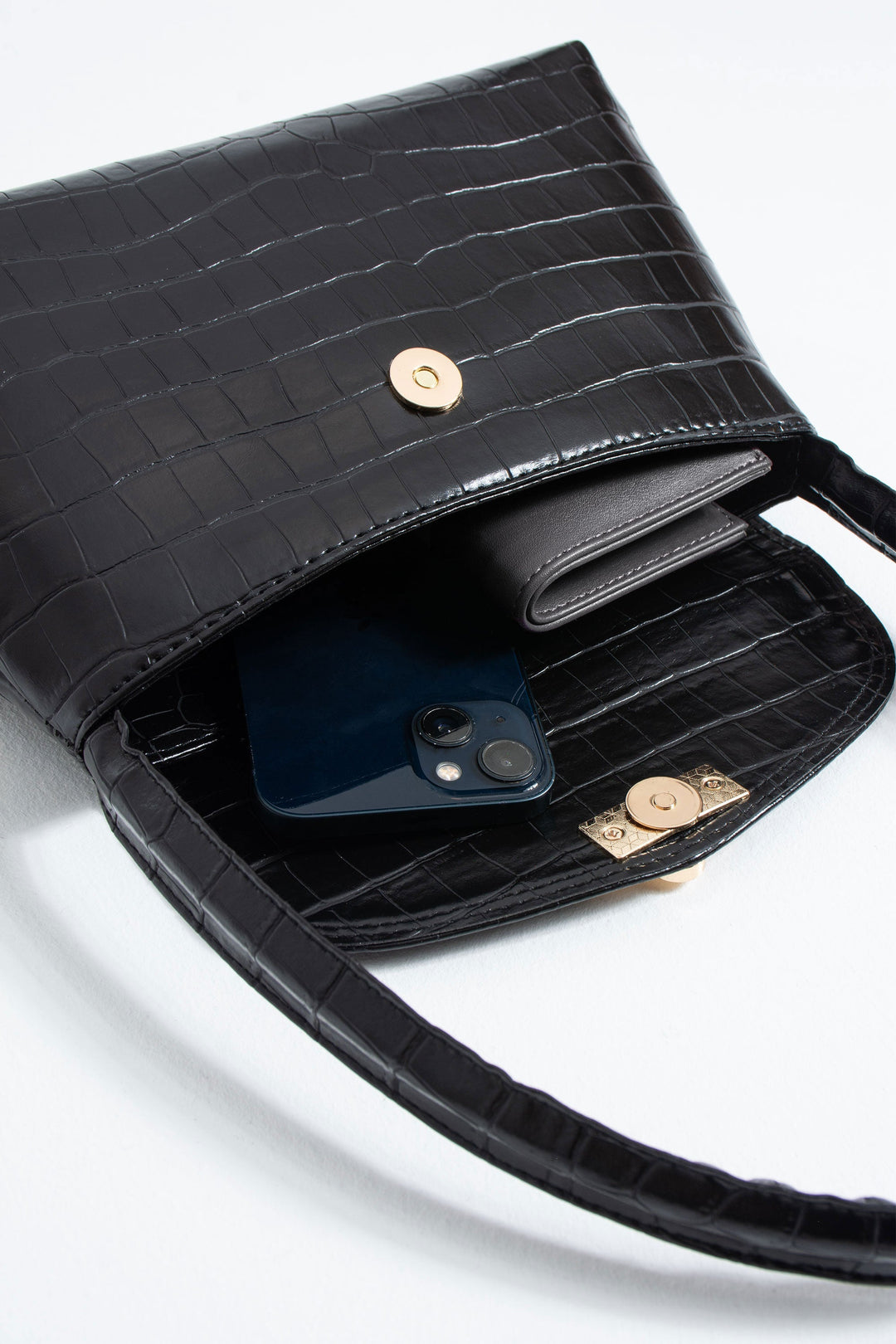 Croc Pu Flap Shoulder Bag - Black