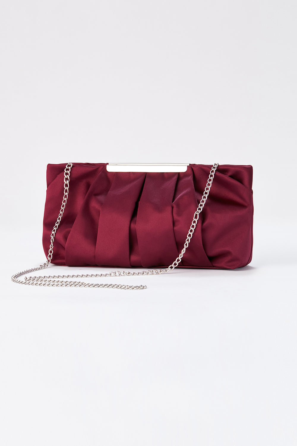 Pleated Satin Clutch Bag with Detachable Strap - Burgundy