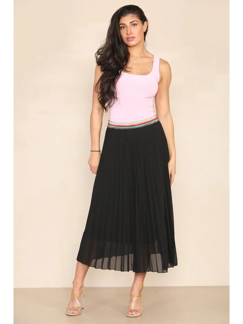 Pleated Midi Skirt with Rainbow Elasticated Waistband - jqwholesale.com