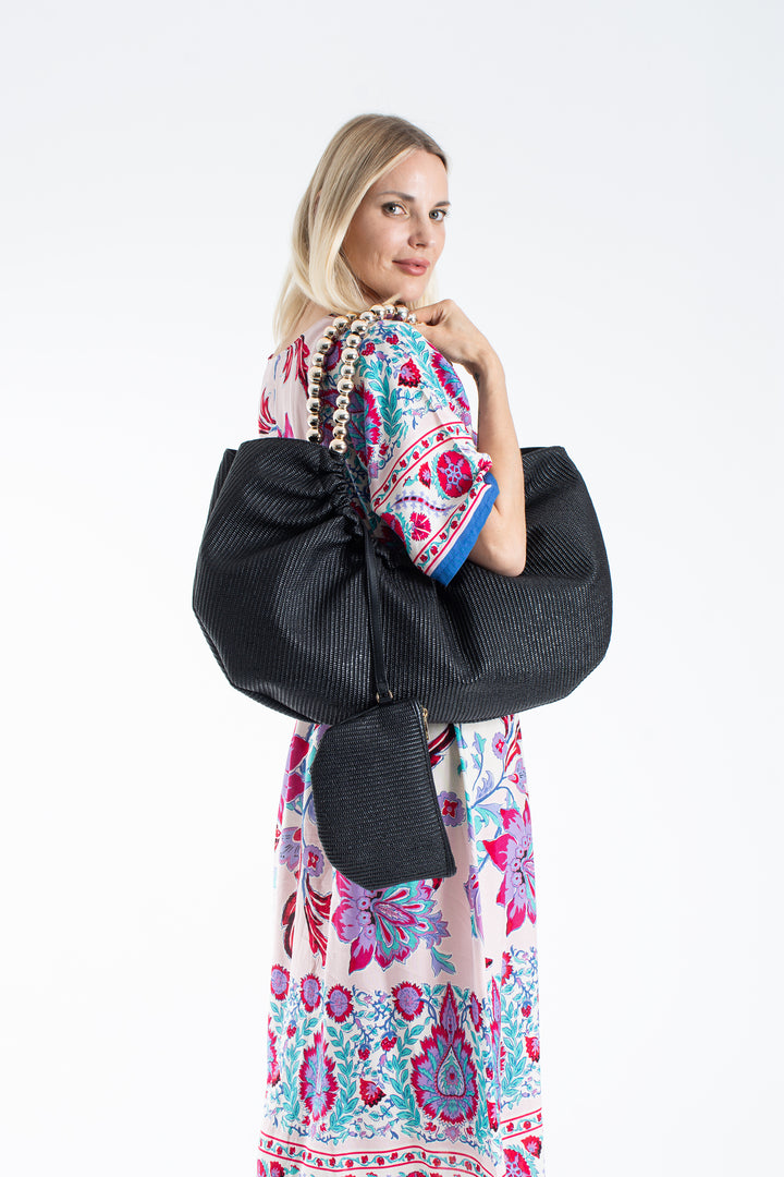 Woven PU Leather Slouchy Tote with Beaded Strap 2PCS Set - Black