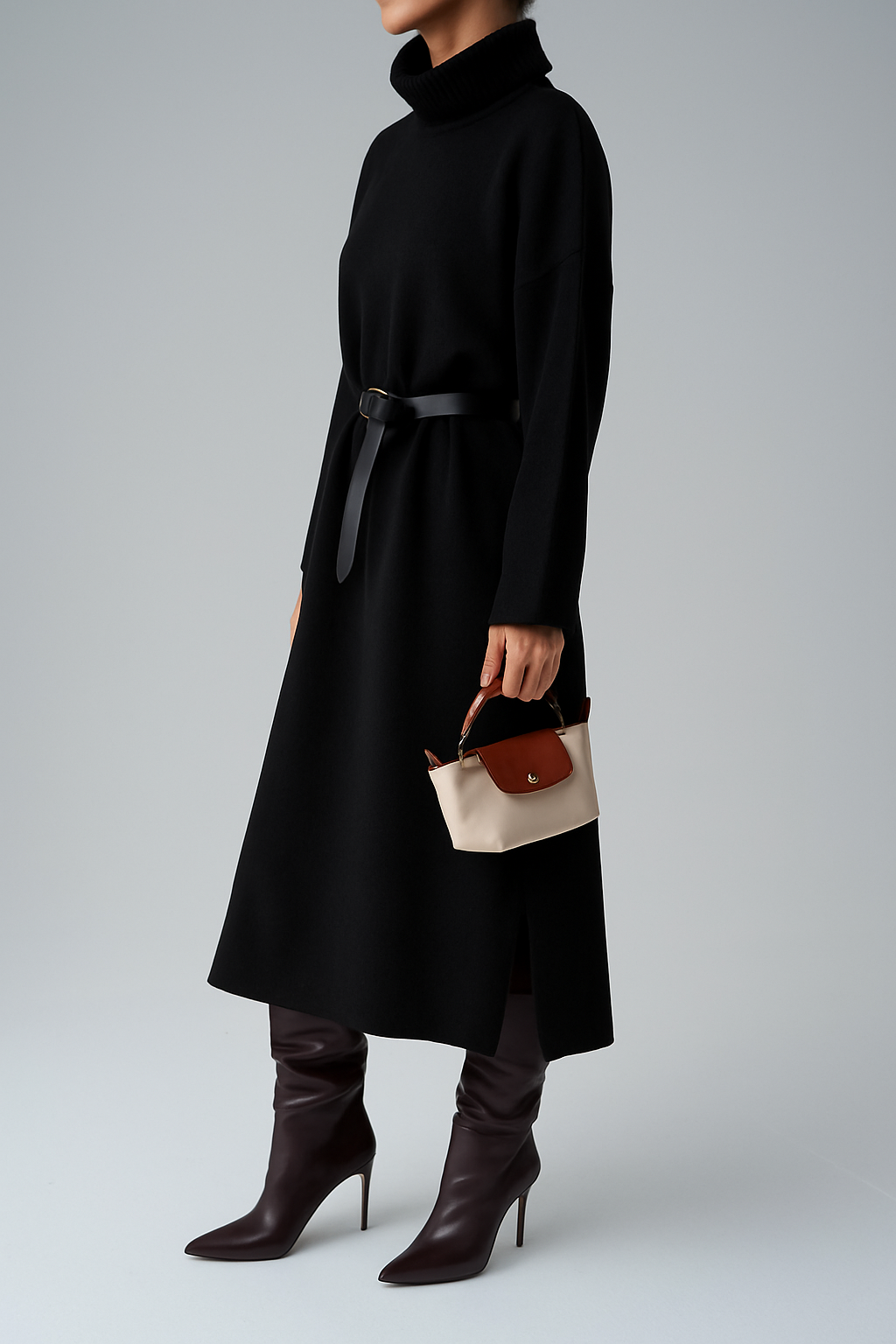 Roll-Neck Relaxed Knit Dress in Black - jqwholesale.com