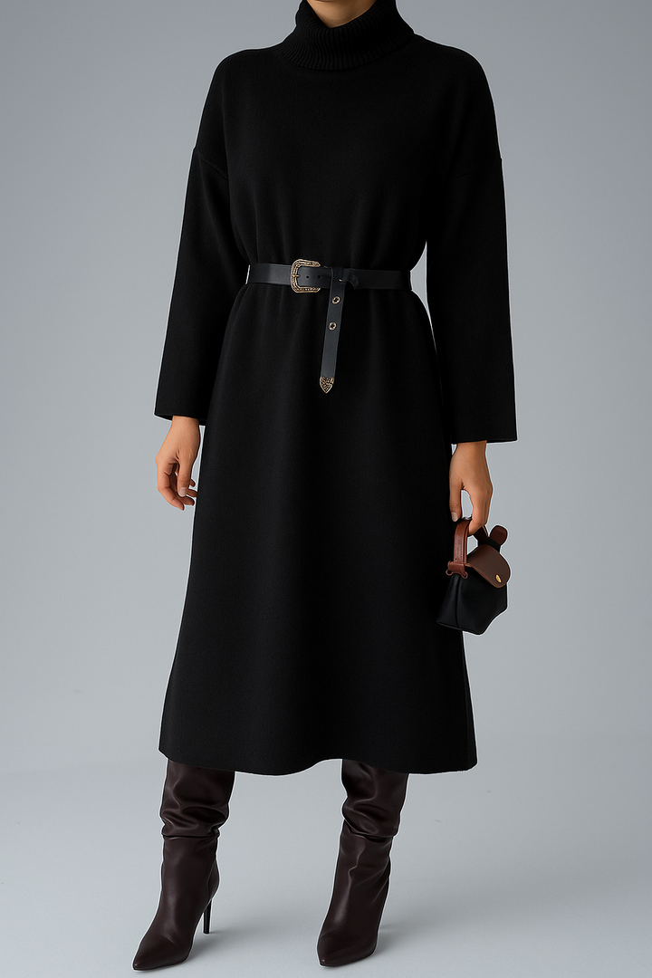 Roll-Neck Relaxed Knit Dress in Black - jqwholesale.com