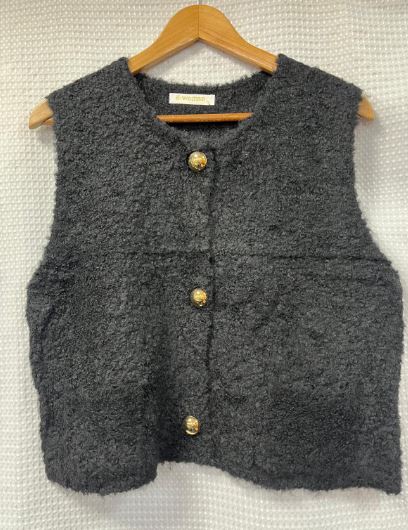 Wool Blend Gold Button Boucle Vest - jqwholesale.com