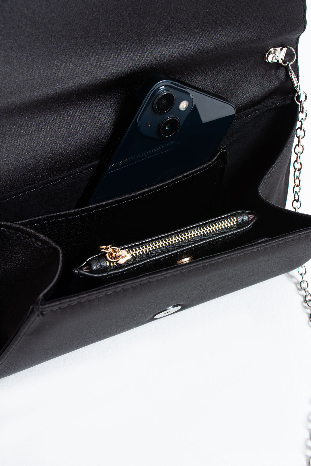 Satin Evening Clutch Bag with Embellishment - Black