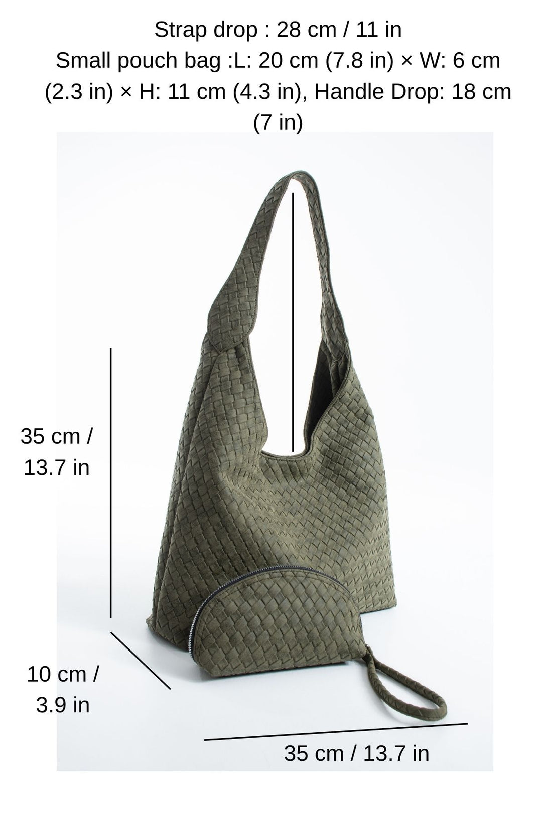 Woven Suede Slouchy Tote Bag with Matching Zipper Pouch 2PCS Set - Khaki