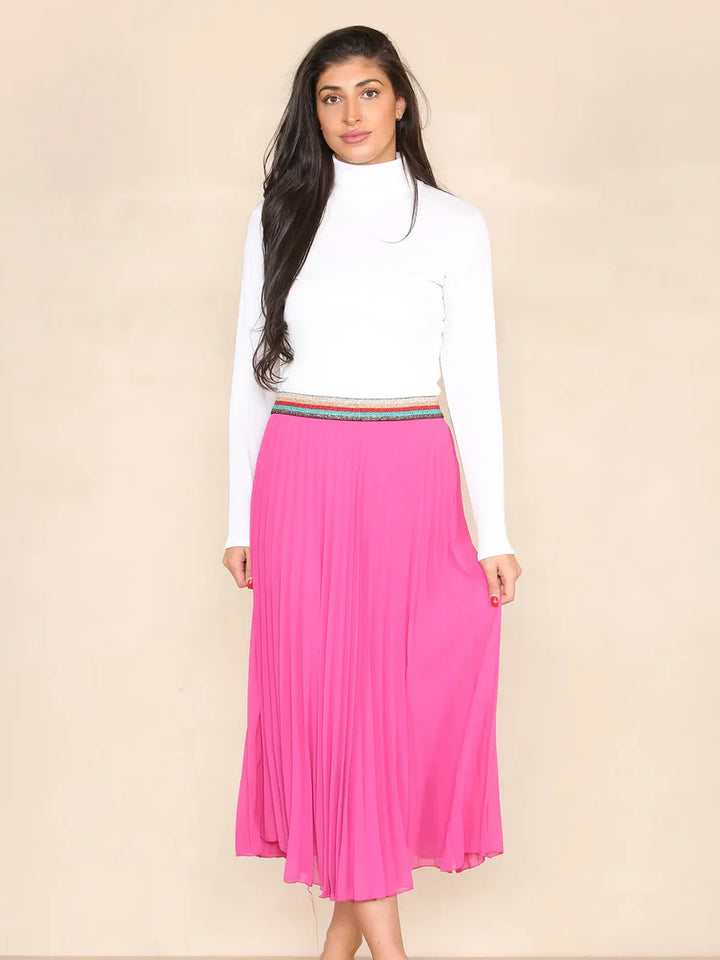 Pleated Midi Skirt with Rainbow Elasticated Waistband - jqwholesale.com