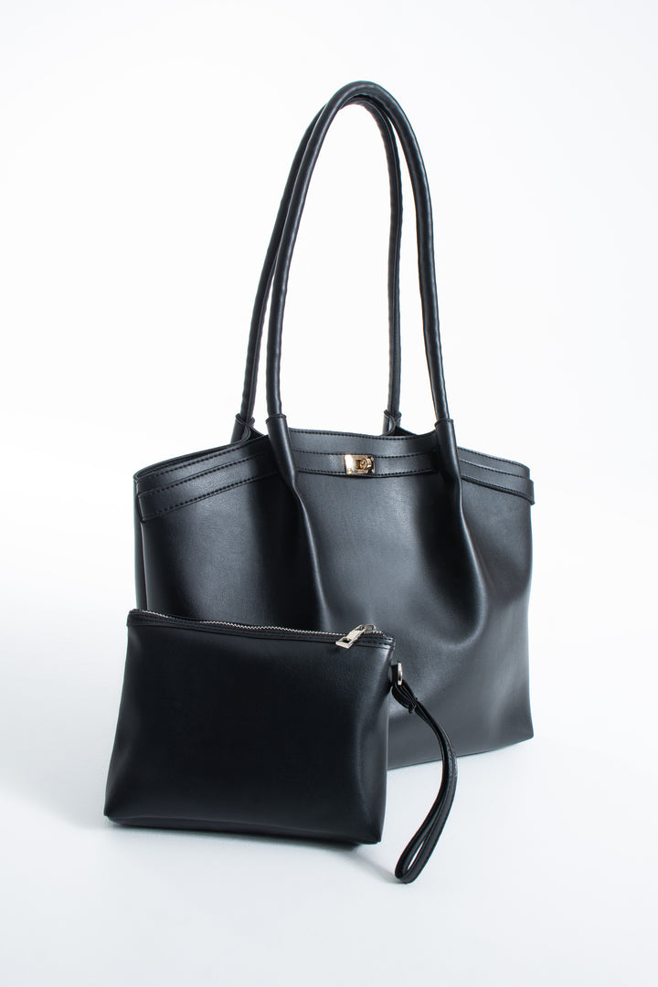 Large PU Leather Shopper Tote Bag with Matching Pouch - Black