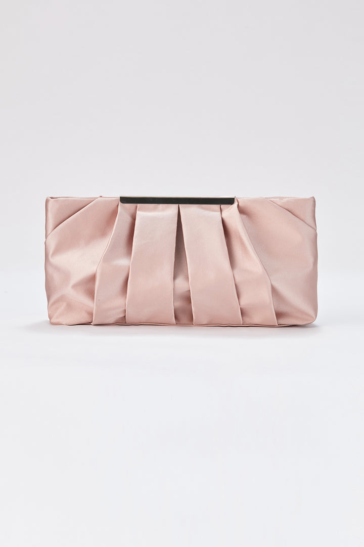 Pleated Satin Clutch Bag with Detachable Strap - Nude
