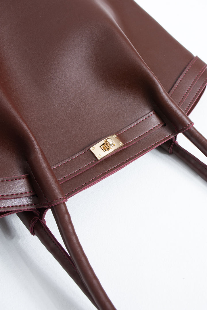 Large PU Leather Shopper Tote Bag with Matching Pouch - Burgundy
