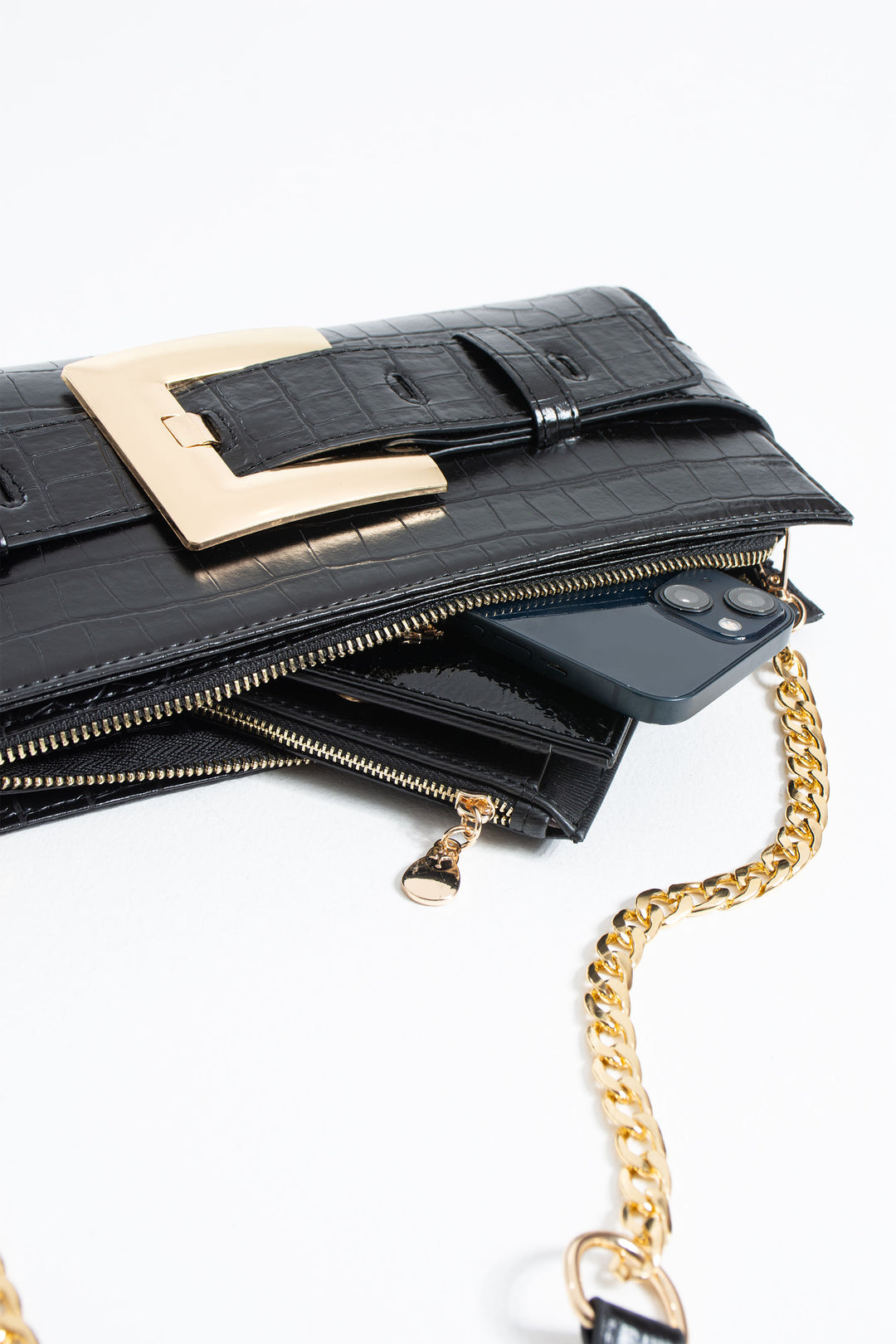 Croc PU Leather Shoulder & Clutch Bag with Large Gold Buckle - Black