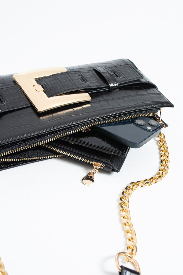 Croc PU Leather Shoulder & Clutch Bag with Large Gold Buckle - Black