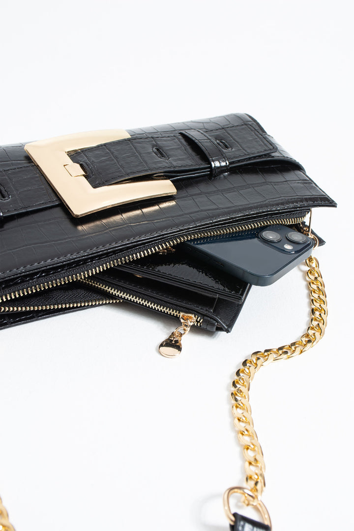 Croc PU Leather Shoulder & Clutch Bag with Large Gold Buckle - Black