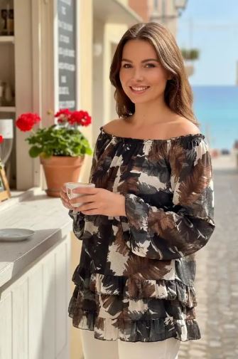 Frilled Hem Palm Feather Bardot Blouse - jqwholesale.com