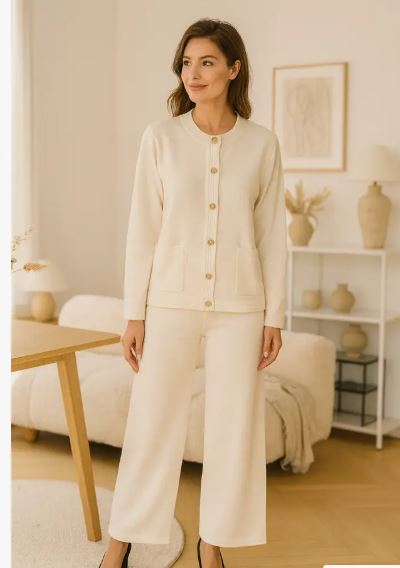 Gold Button Plain Two Piece Classic Coord Loungewear Set (2P.PACK) - jqwholesale.com