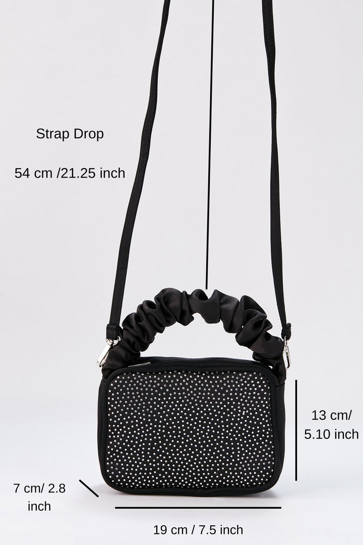 Diamente Evening Bag with Detachable Crossbody Strap - Black