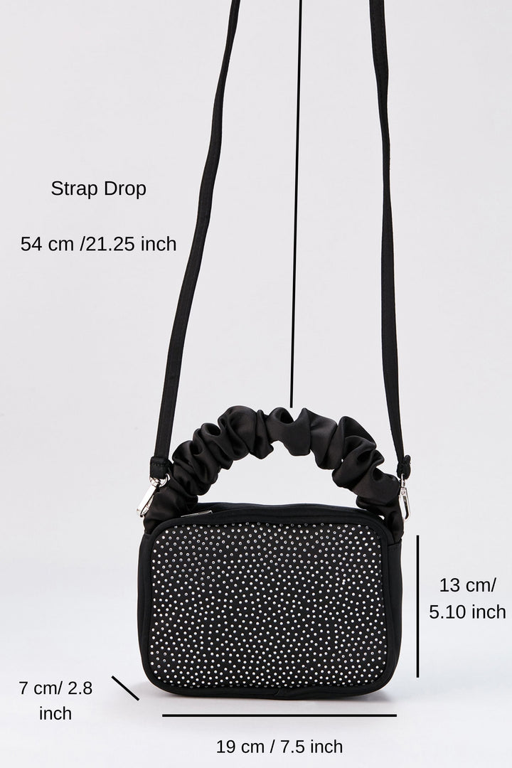 Diamente Evening Bag with Detachable Crossbody Strap - Black