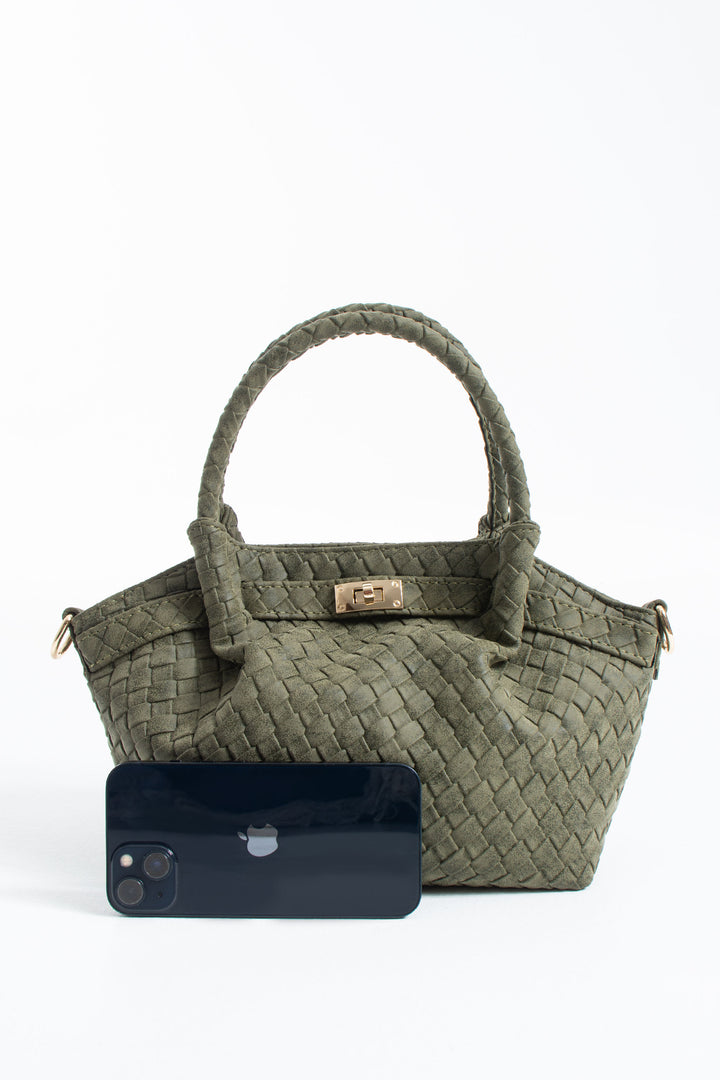 Woven Suede Top Handle Crossbody Bag with Twist Lock Detail - Khaki