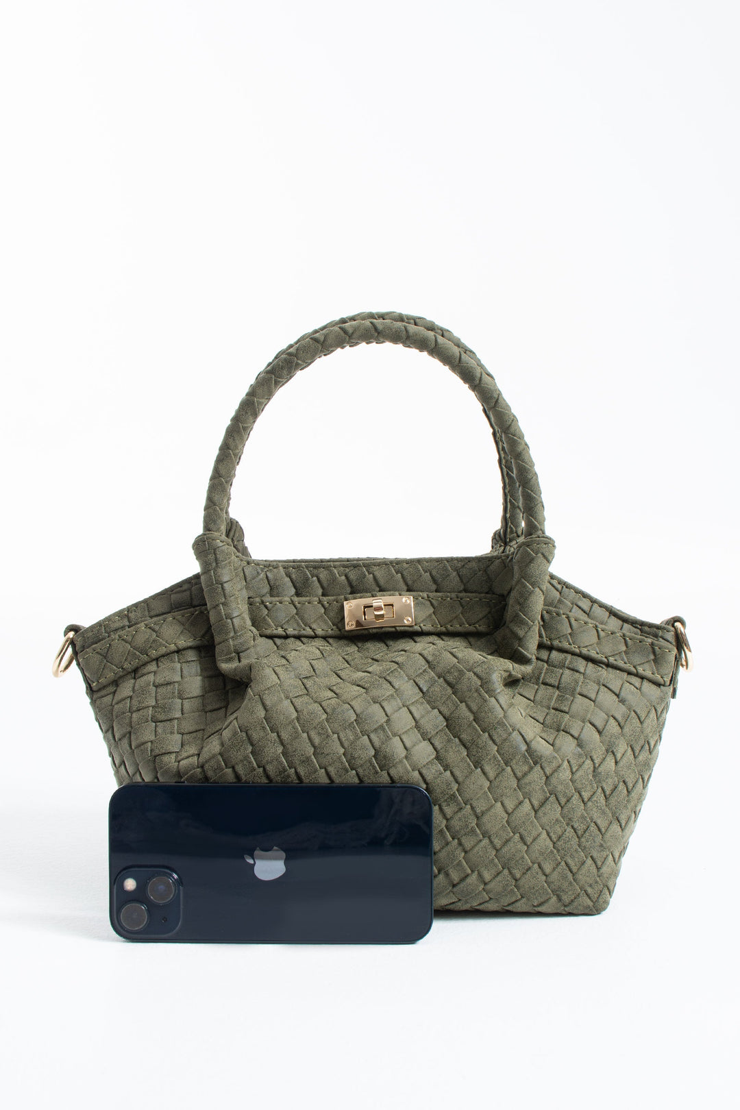 Woven Suede Top Handle Crossbody Bag with Twist Lock Detail - Khaki