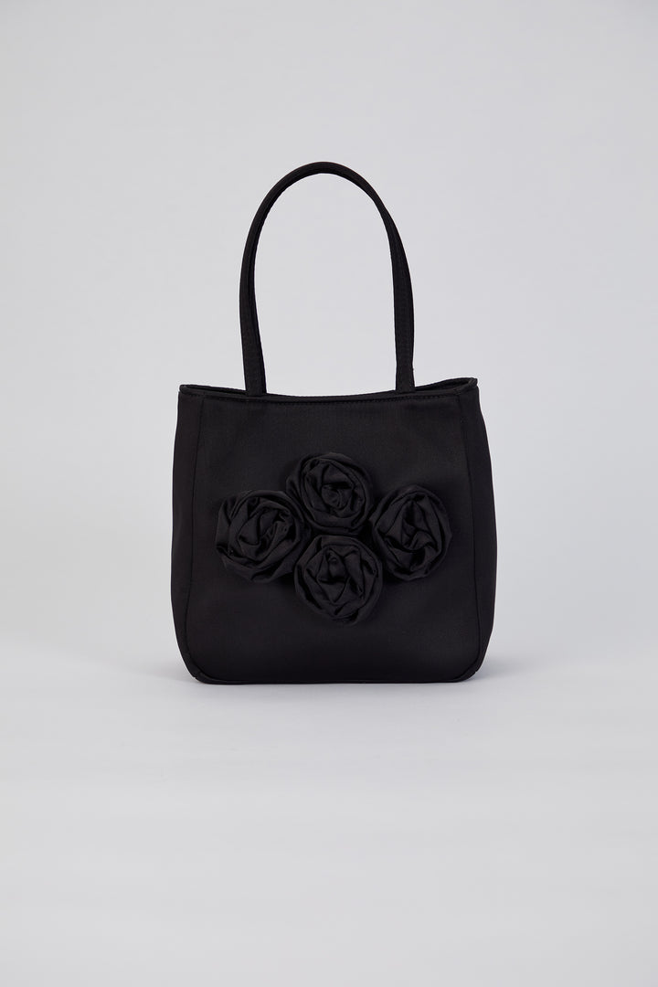 Floral Satin Handbag with Detachable Crossbody Strap - Black