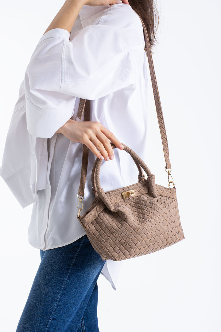 Woven Suede Top Handle Crossbody Bag with Twist Lock Detail - Beige