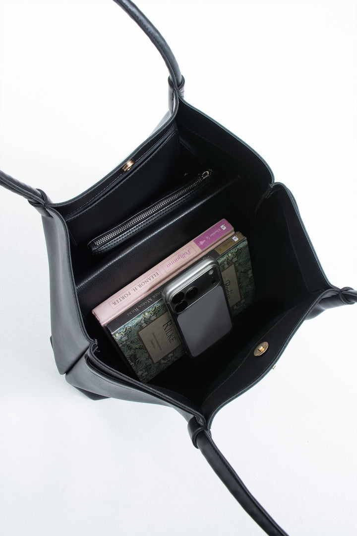 Large PU Leather Shopper Tote Bag with Matching Pouch - Black