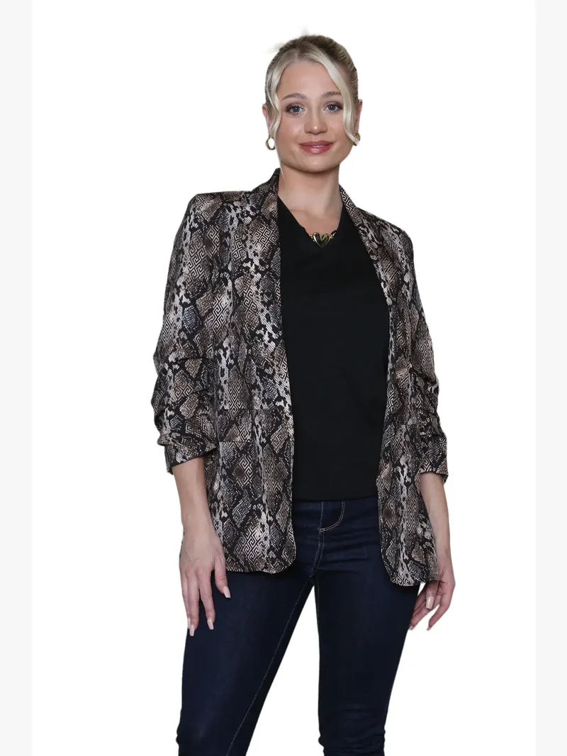 (6P.PACK) Oversized Reptile Print Rouched Sleeve Blazer - jqwholesale.com