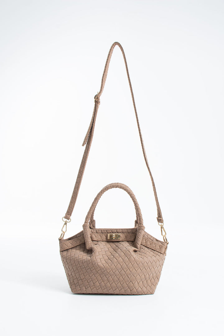 Woven Suede Top Handle Crossbody Bag with Twist Lock Detail - Beige