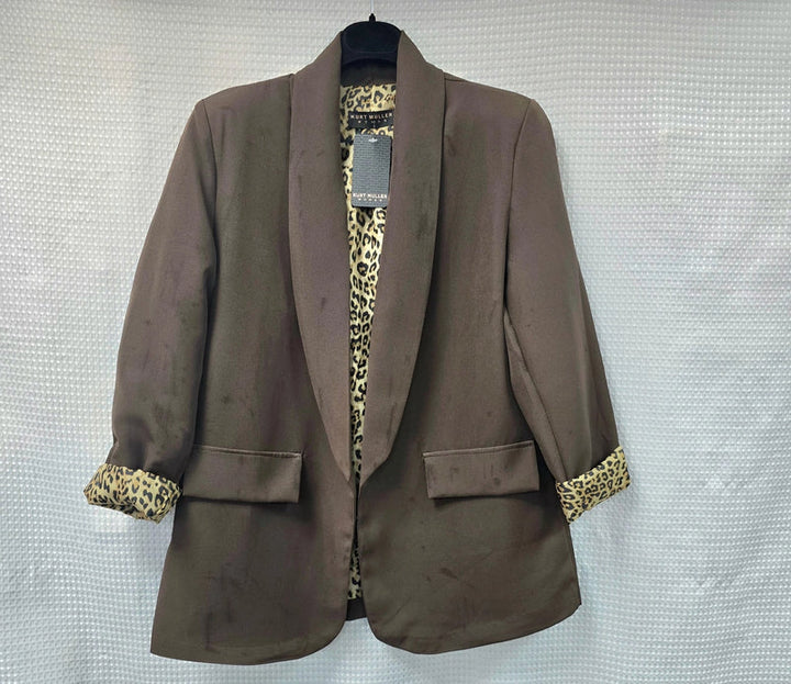 Leopard Trim Turn Up Sleeve Blazer - jqwholesale.com