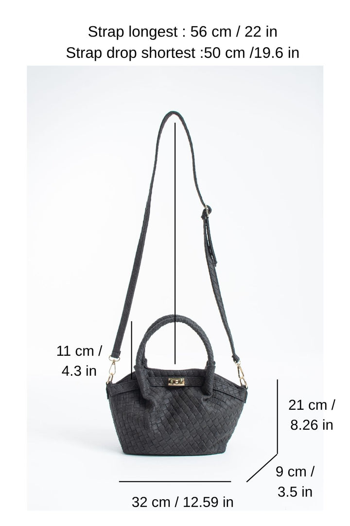Woven Suede Top Handle Crossbody Bag with Twist Lock Detail - Black