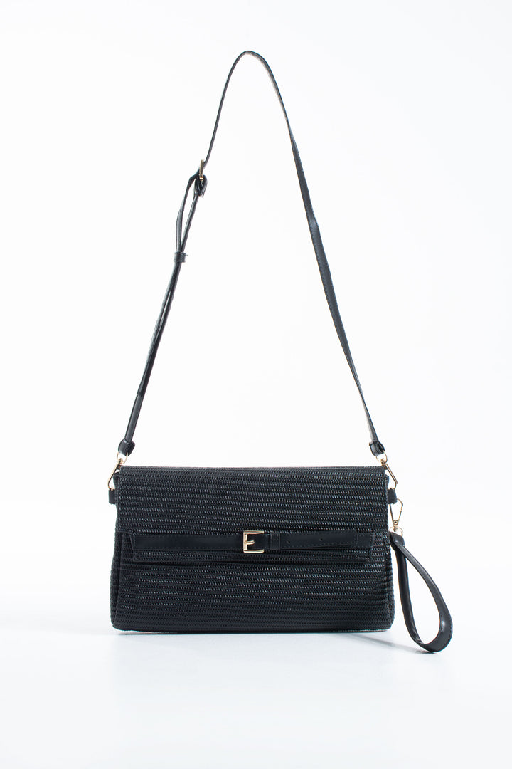 Woven Pu Leather Flap Closure Wristlet & Clutch&Crossbody  3-in-1 - Black