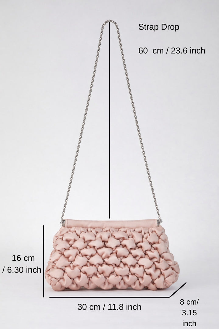 Puffy Quilted Satin Clucth Bag with Detachable Crossbody Strap - Beige